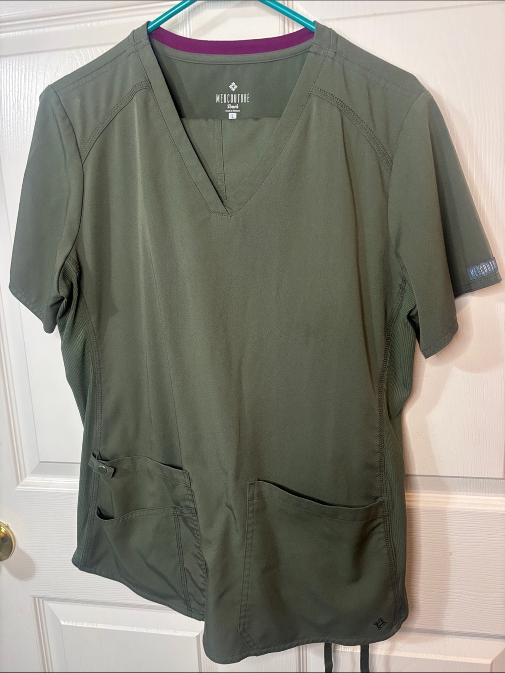 Med Couture Womenβs Olive Green V-Neck Scrub Top with Contrasting Neck Trim